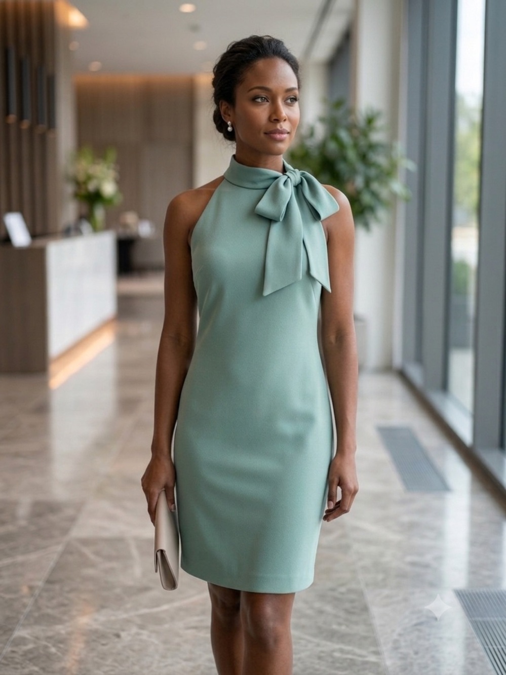 NWT Vince Camuto Sage Green Bow Halter Neck Crepe Shift Dress Size 10⁠